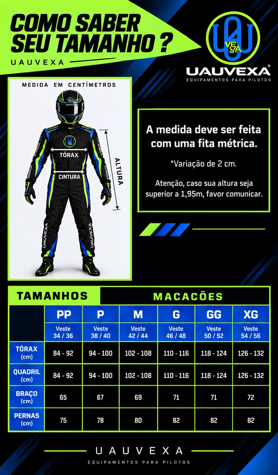 Tabela de medidas UAUVEXA por tamanho: torax, quadril, braco e pernas